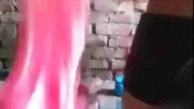 Modest Desi girl has no shower cabin but green bucket to wash herself