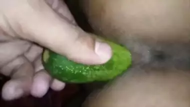 Fun with XXX cucumber is how guy prepares obedient Desi GF for sex